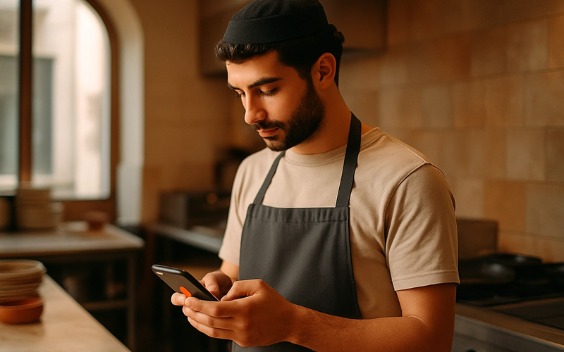 Mutfakta üniformalı personel, elinde mobil uygulama açık telefon