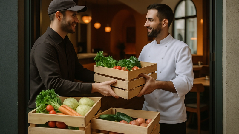 Restoran arka kapısında taze ürün teslimatı, tedarikçi ve aşçı