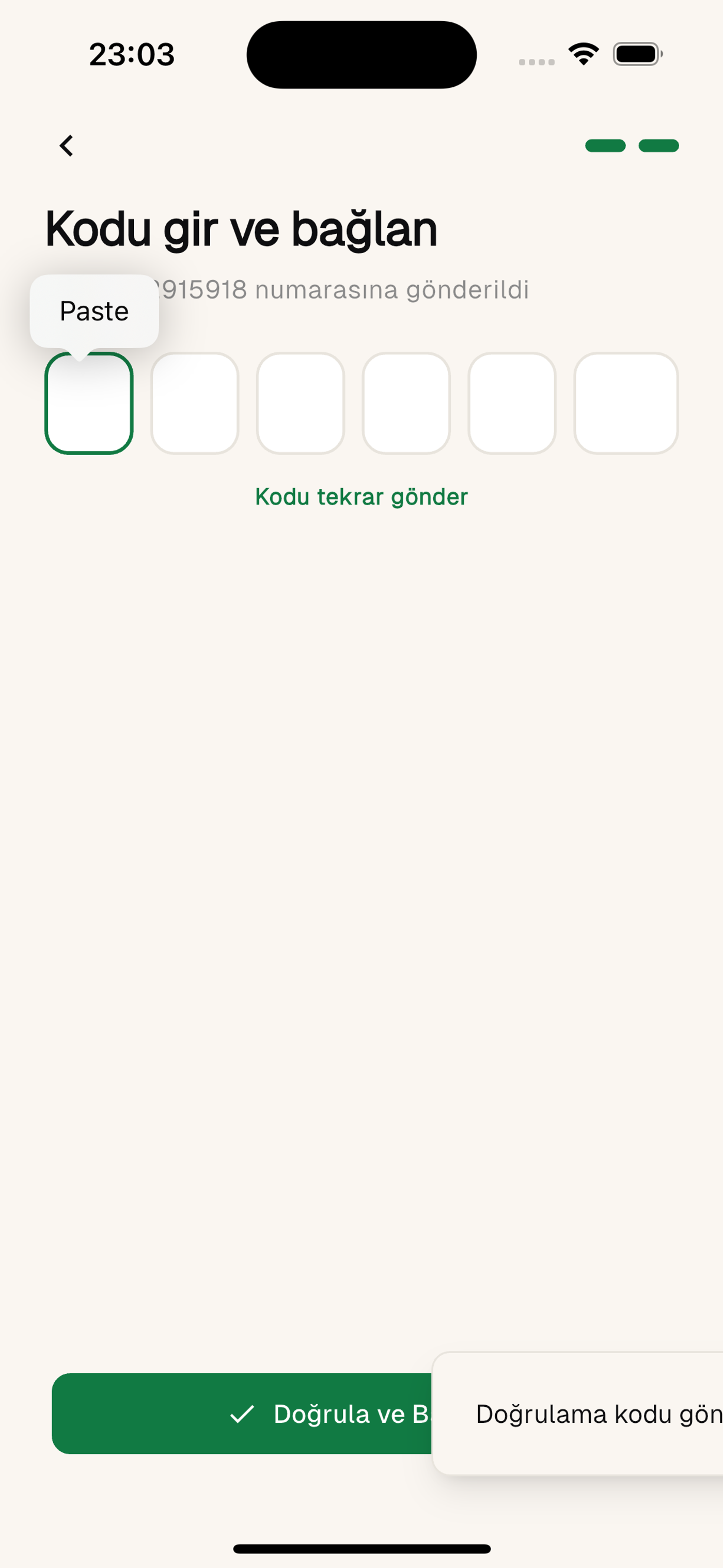 Telefonunuza gelen 6 haneli kodu kutulara girin.
