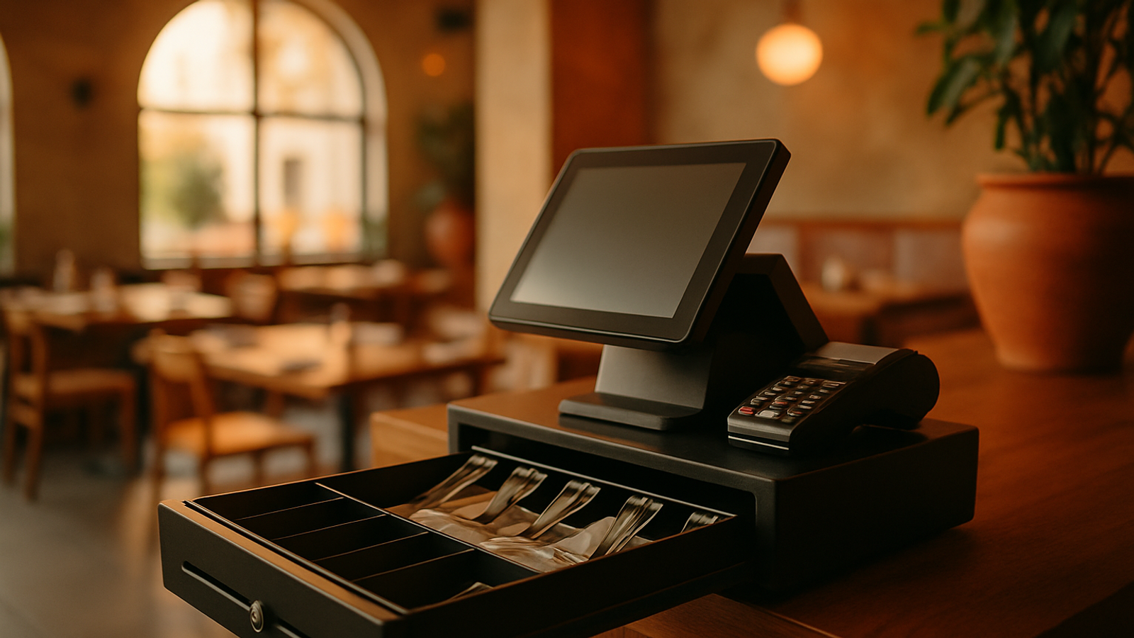 Restoran kasa tezgahında POS terminali ve içinde banknotlar olan çekmece