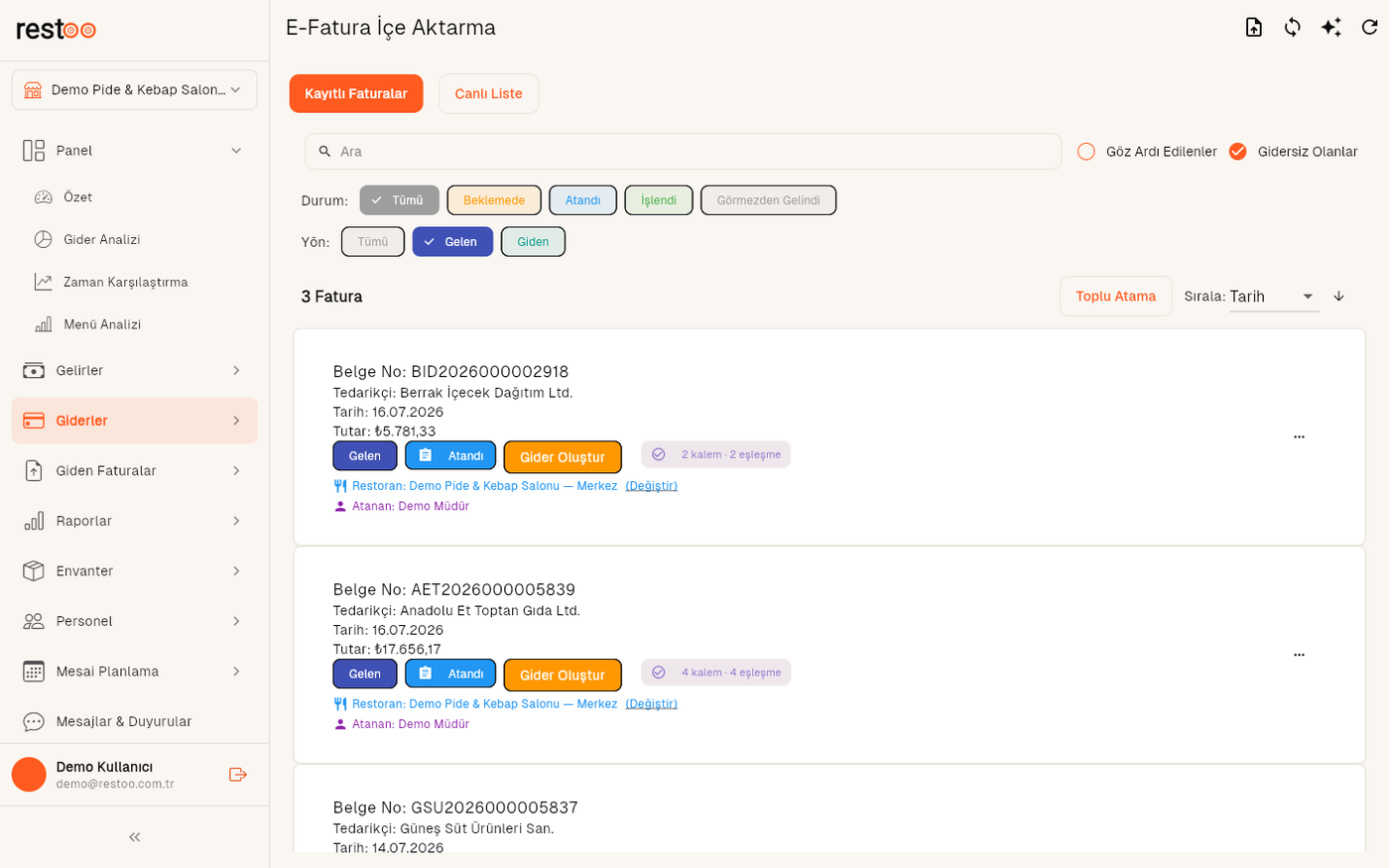 E-Fatura İçe Aktarma — Beklemede/Atandı/İşlendi filtreleri, her fatura kartında tedarikçi/tutar/atanan kişi