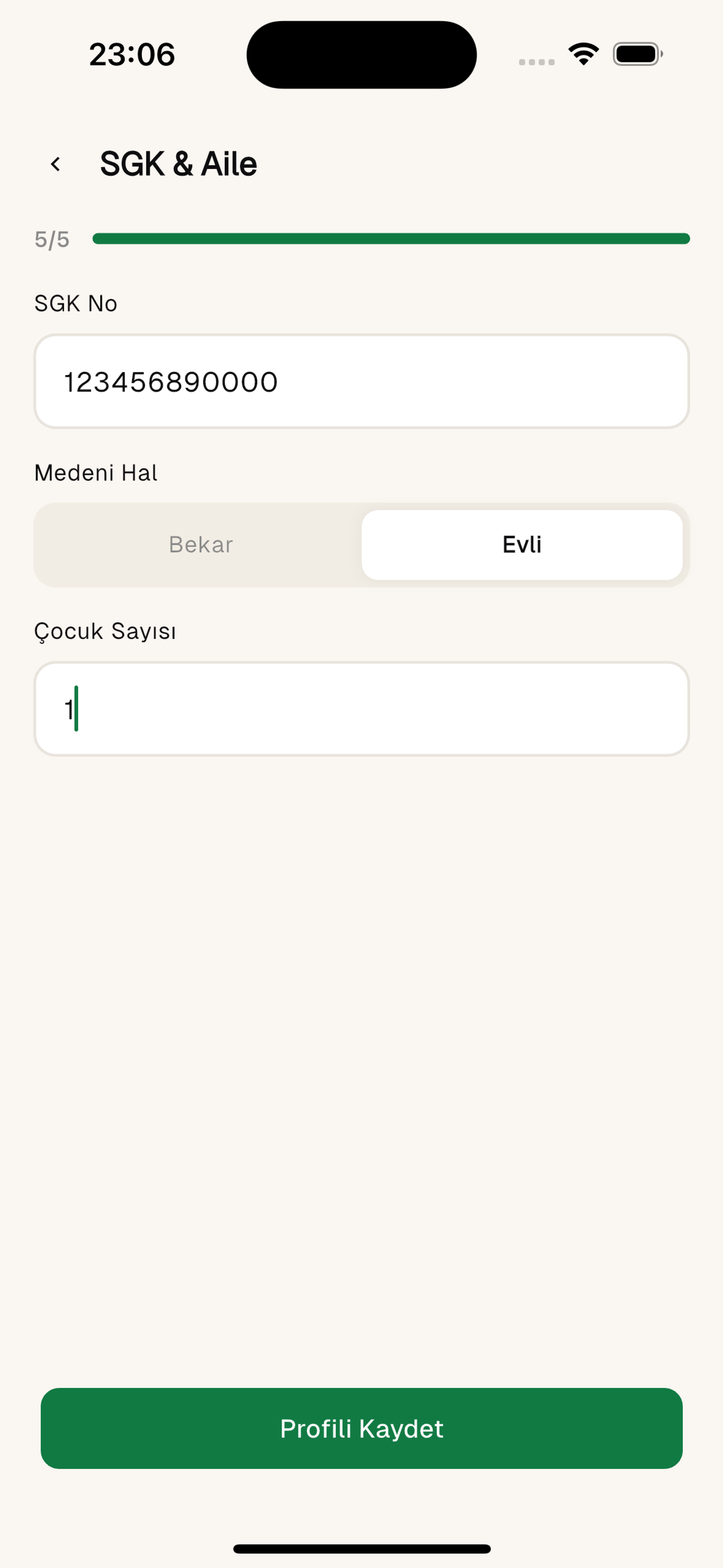 Adım 5: SGK no, medeni hal ve çocuk sayısı; ardından "Profili Kaydet".