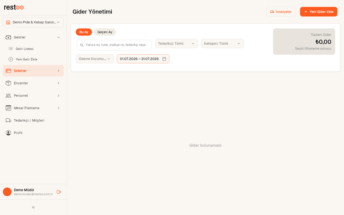 Gider Yönetimi — müdür de tam erişebilir: Yeni Gider Ekle, filtre, ödeme durumu