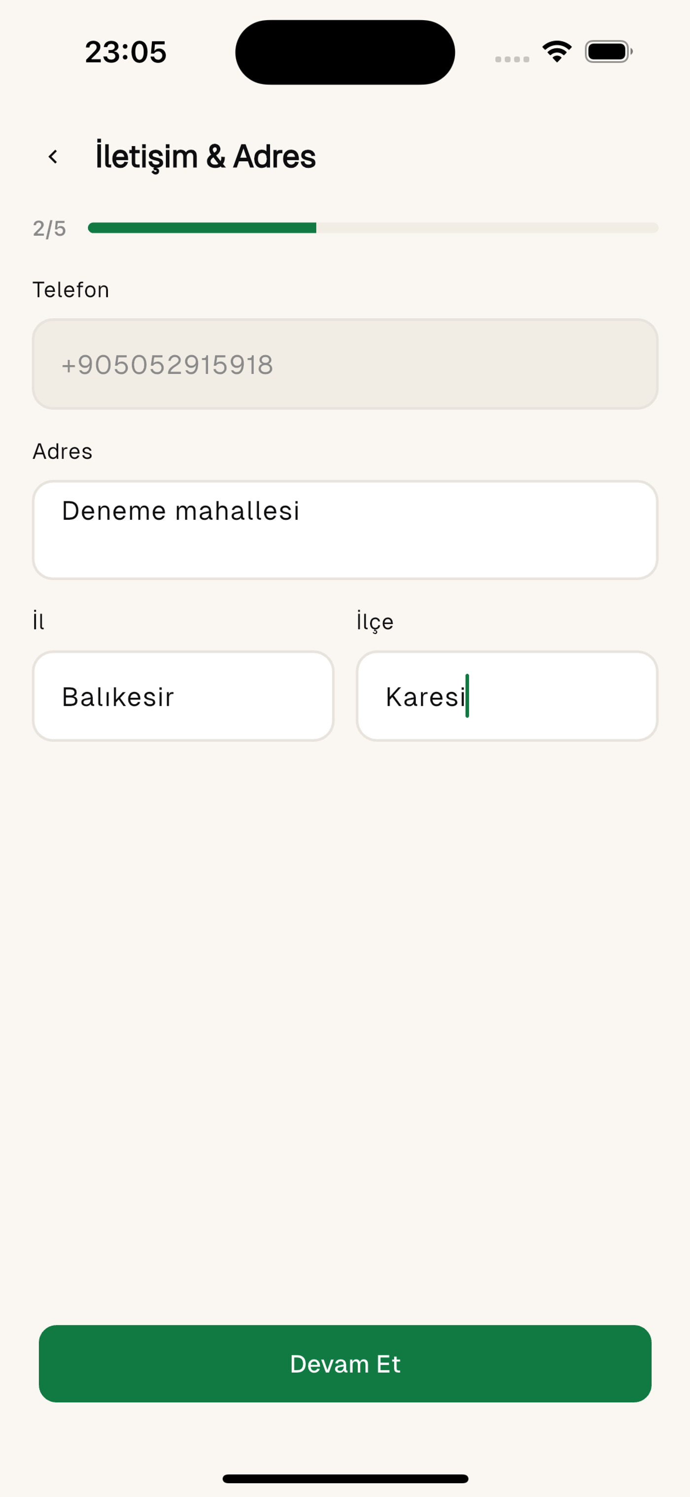 Adım 2: Telefon (otomatik gelir), adres, il ve ilçe.