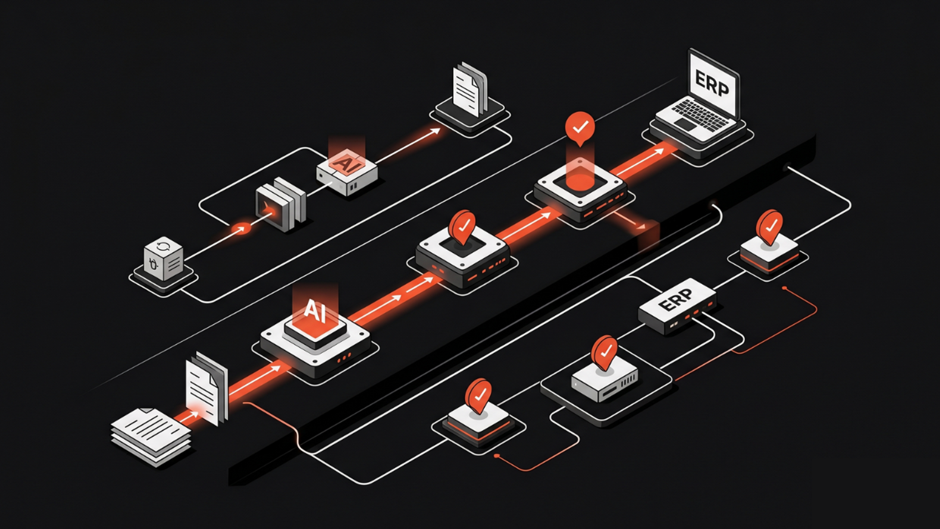 AI invoice automation workflow in finance showing document extraction, validation rules, exception routing, and human review