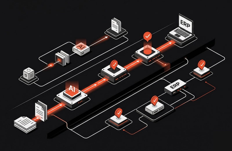 AI invoice automation workflow in finance showing document extraction, validation rules, exception routing, and human review