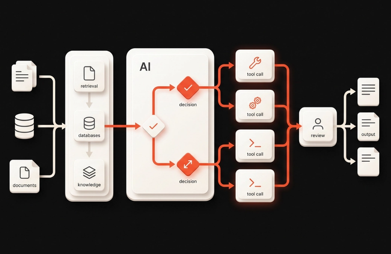 Illustration of AI automation workflow with retrieval layer, decision logic, tool integration, and human-in-the-loop review