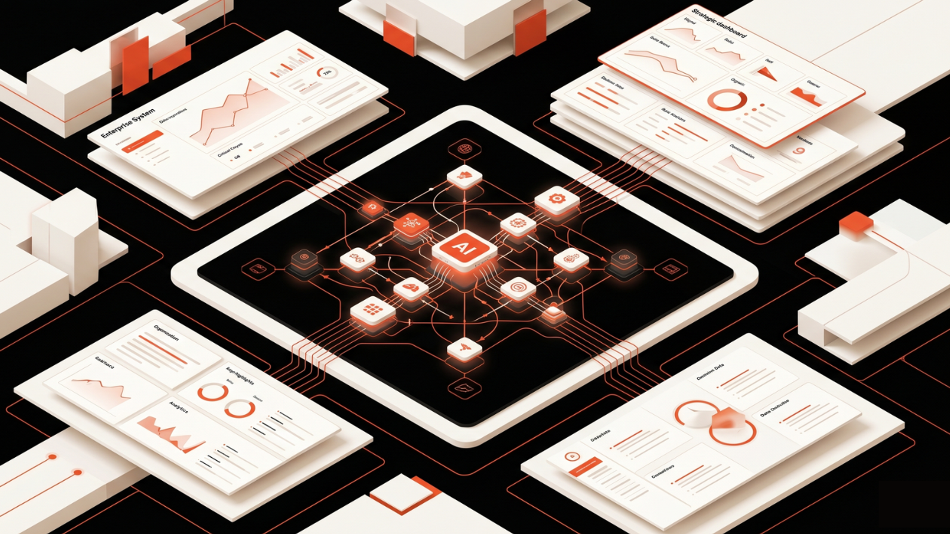 Illustration of AI managing back-office workflows with automated processing, system integrations, and human review for exceptions