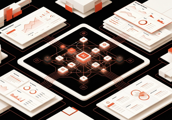 Illustration of AI managing back-office workflows with automated processing, system integrations, and human review for exceptions