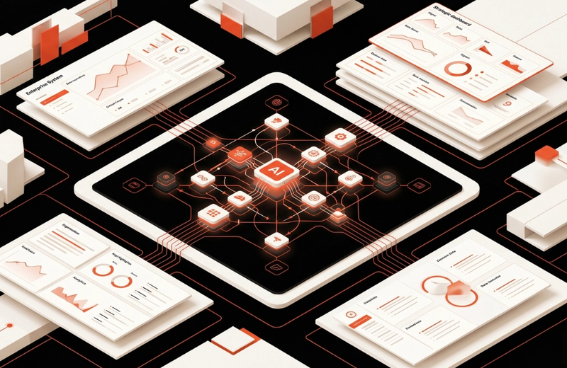 Illustration of AI managing back-office workflows with automated processing, system integrations, and human review for exceptions