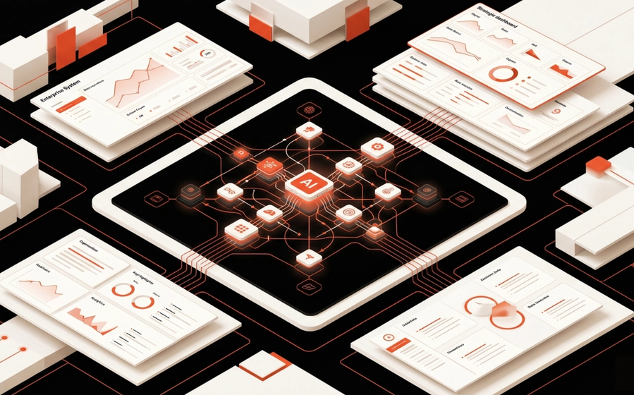 Illustration of AI managing back-office workflows with automated processing, system integrations, and human review for exceptions