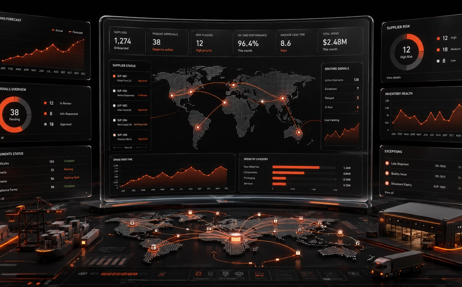 Supplier onboarding automation system showing AI-driven intake processing, document validation, approval routing, and exception handling across business systems