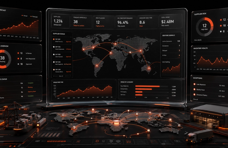 Supplier onboarding automation system showing AI-driven intake processing, document validation, approval routing, and exception handling across business systems