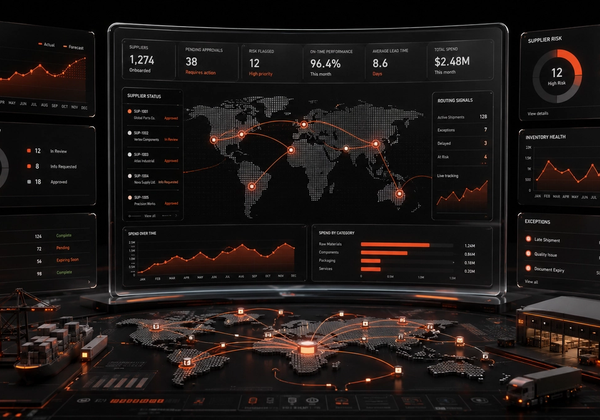 Supplier onboarding automation system showing AI-driven intake processing, document validation, approval routing, and exception handling across business systems