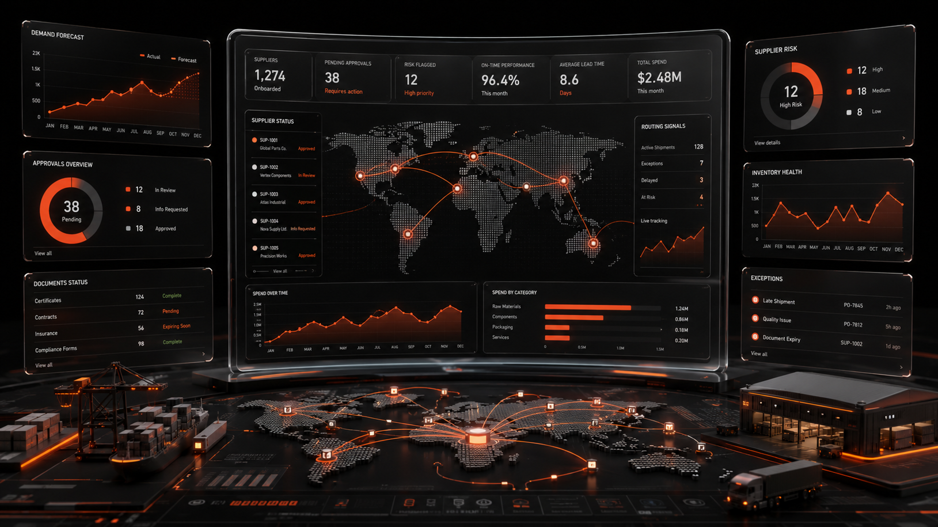 Supplier onboarding automation system showing AI-driven intake processing, document validation, approval routing, and exception handling across business systems