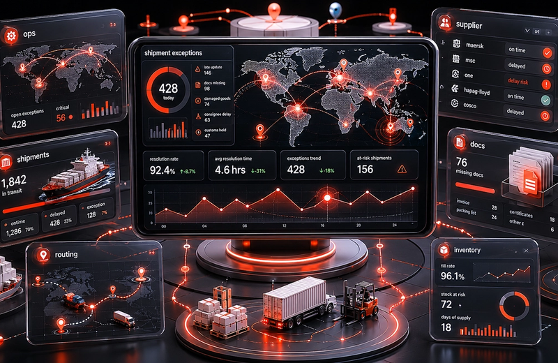 Shipment exception workflow showing AI-driven classification, severity scoring, routing, and escalation across logistics and transportation systems