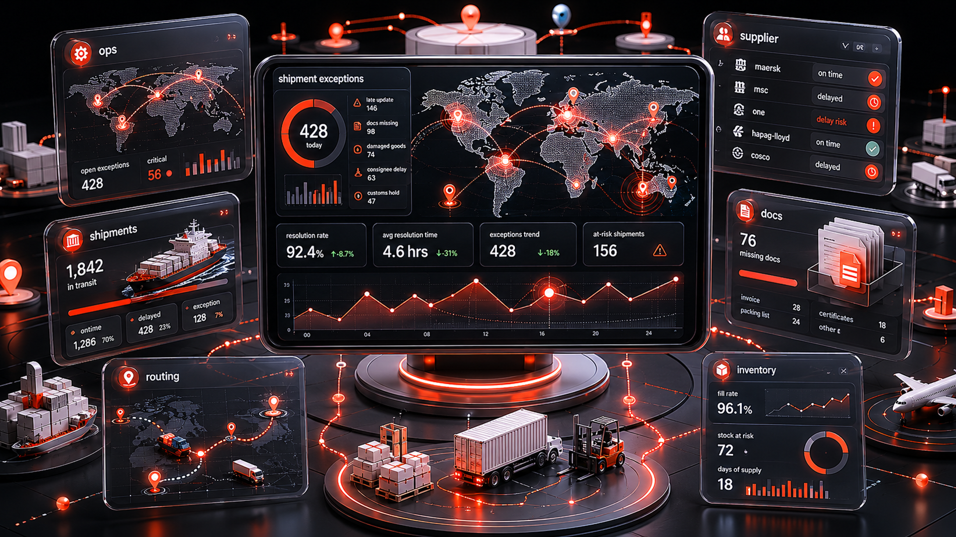 Shipment exception workflow showing AI-driven classification, severity scoring, routing, and escalation across logistics and transportation systems