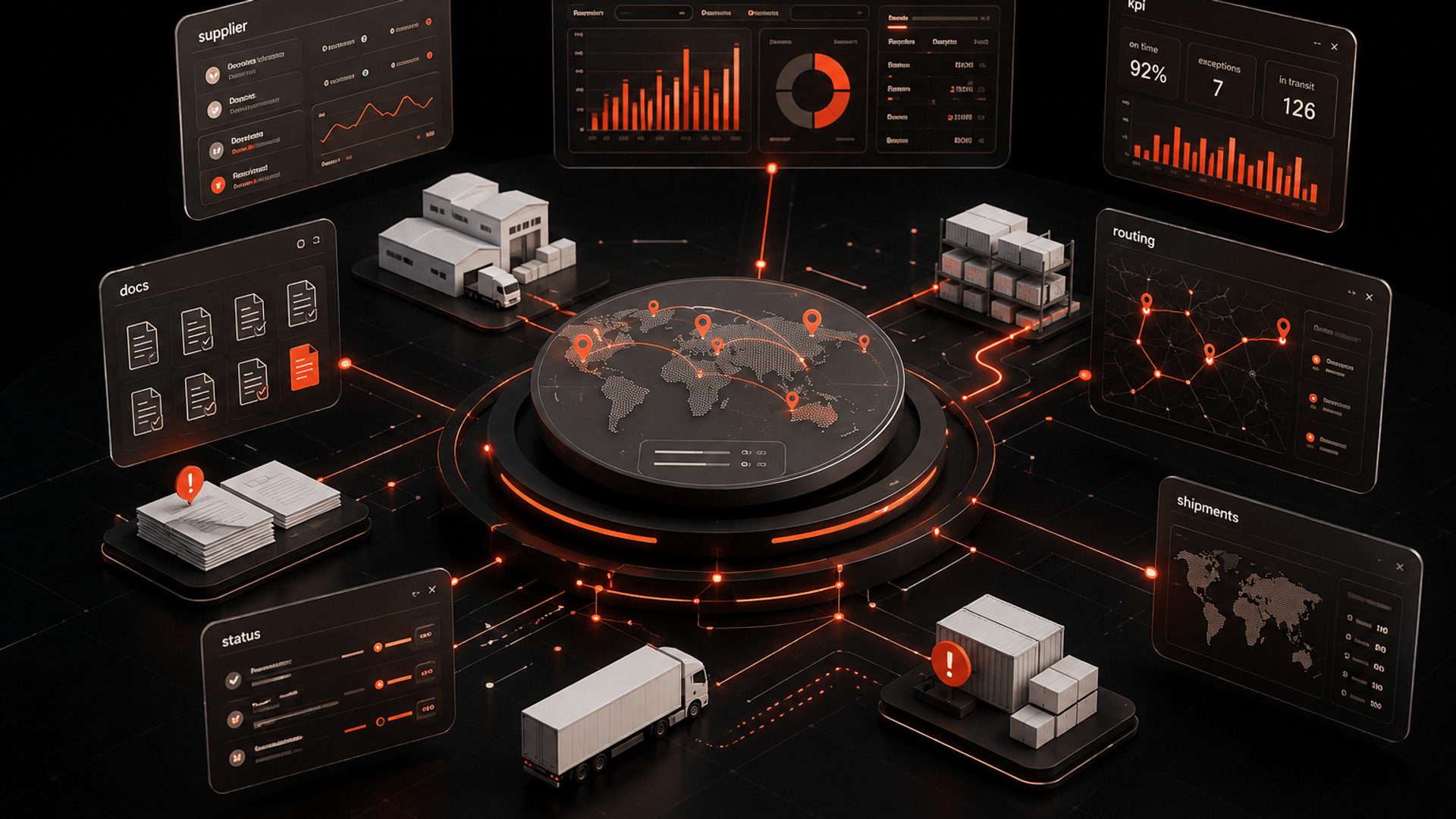 Supply chain operations control center with AI-driven exception routing, workflow orchestration, inventory visibility, and logistics coordination