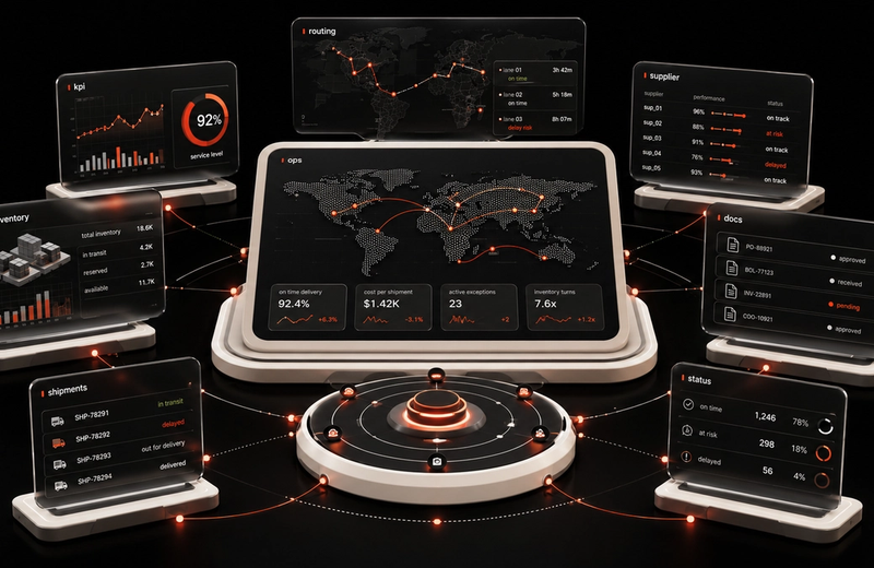 AI-powered supply chain operations control center visualizing shipment exceptions, workflow friction points, inventory visibility, and operational KPIs