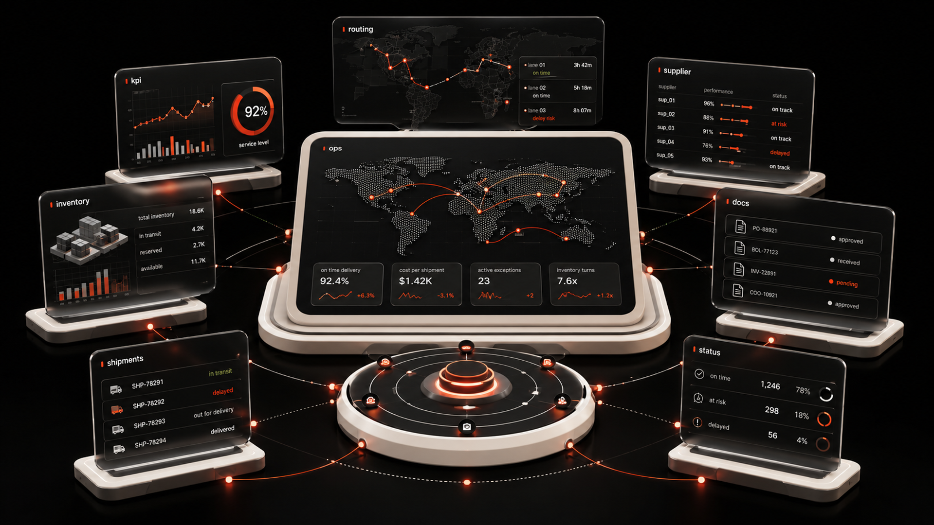 AI-powered supply chain operations control center visualizing shipment exceptions, workflow friction points, inventory visibility, and operational KPIs