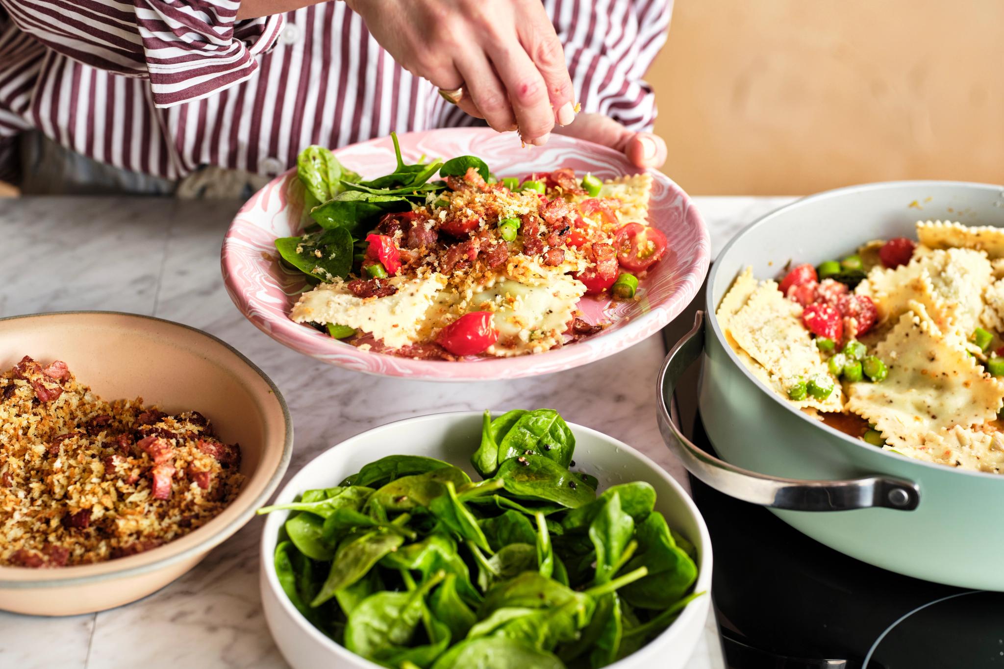 Spinach and Feta Ravioli with Quick Tomato Sauce and Bacon Crumbs