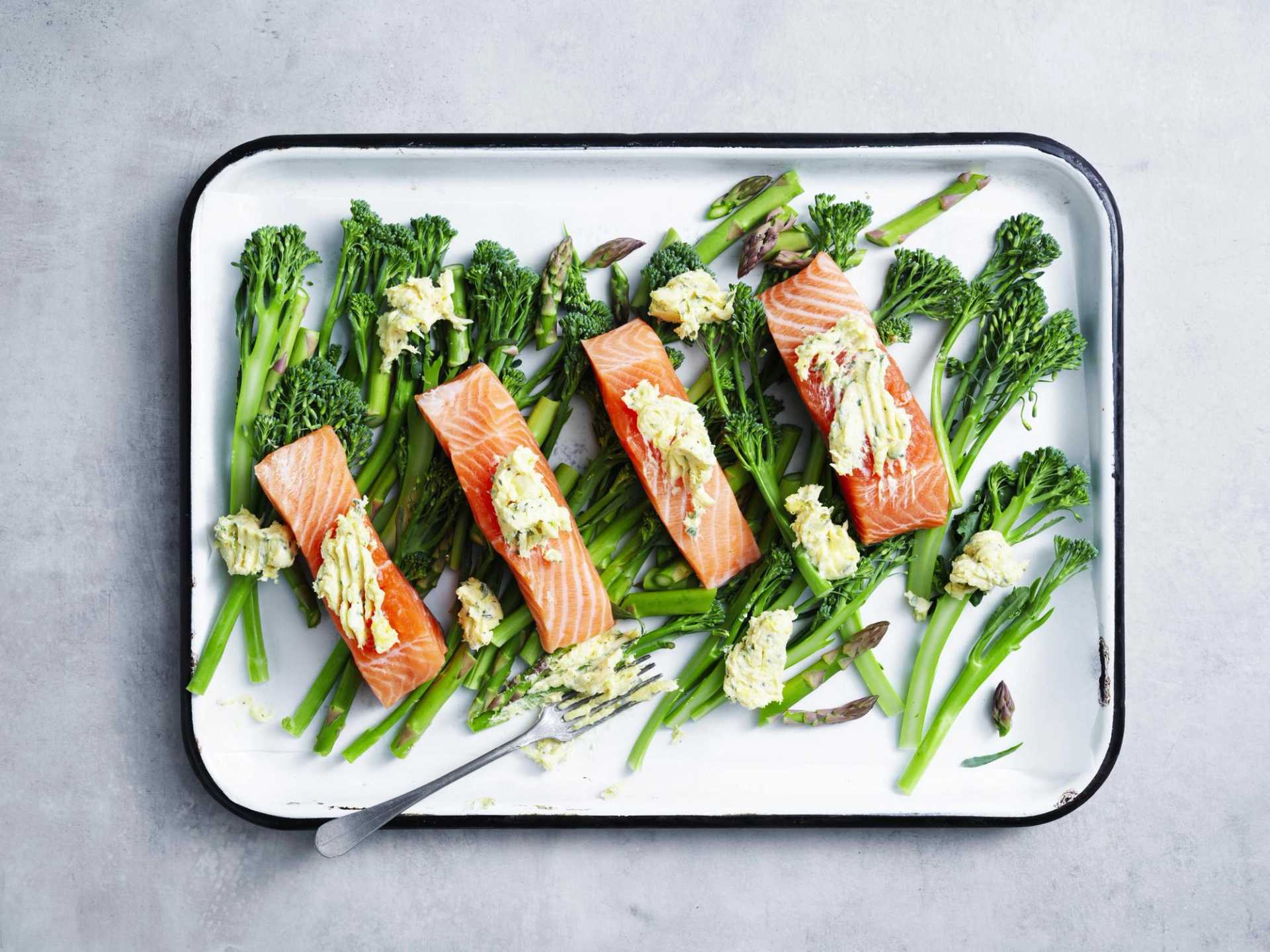 OnePan Garlic Butter Salmon with Warm Green Salad