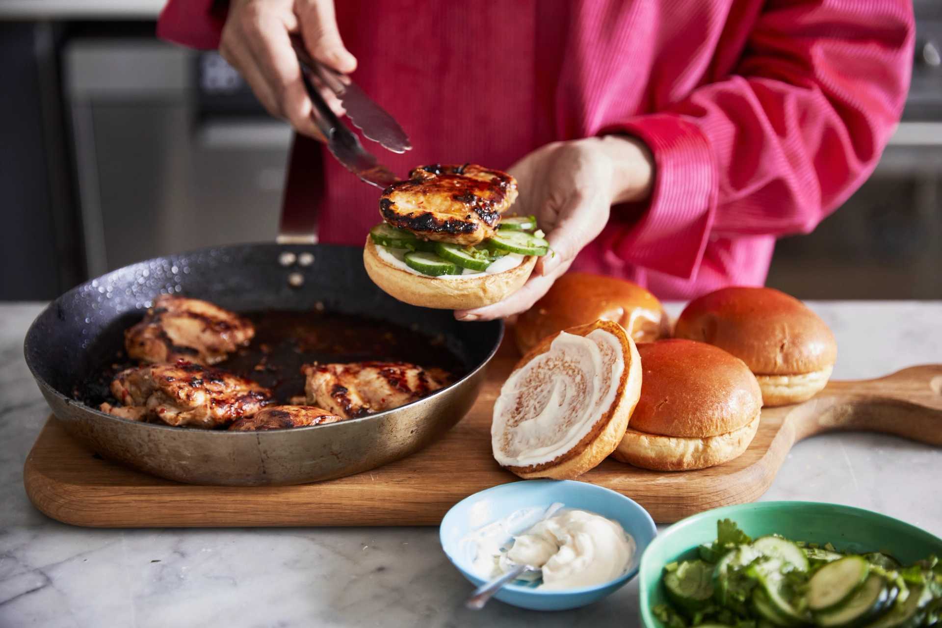 Vietnamese Lemongrass Chicken Burger with Sweet Potato Chips