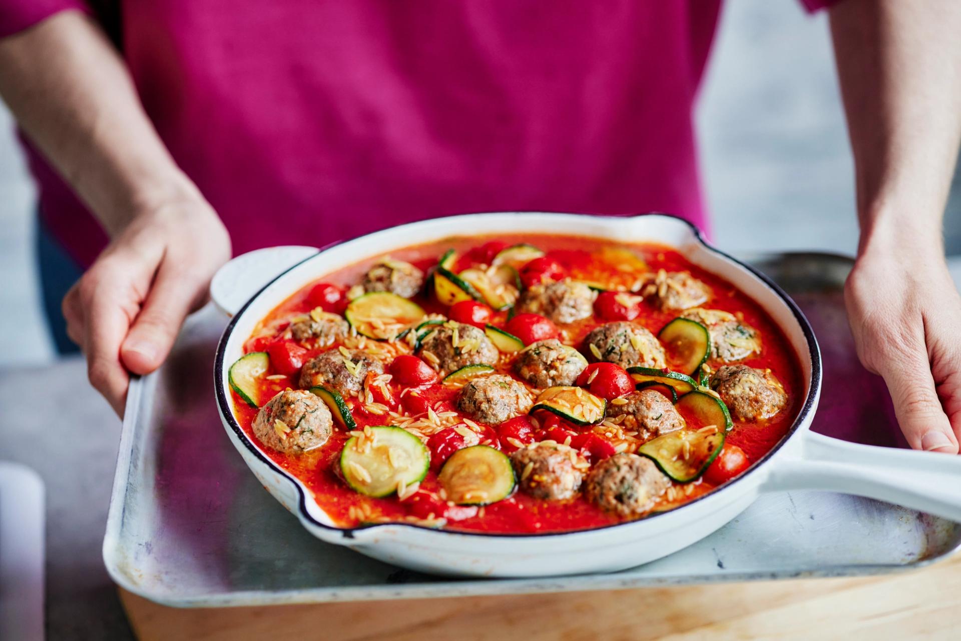One-Pan Greek Lamb Meatball and Risoni Bake