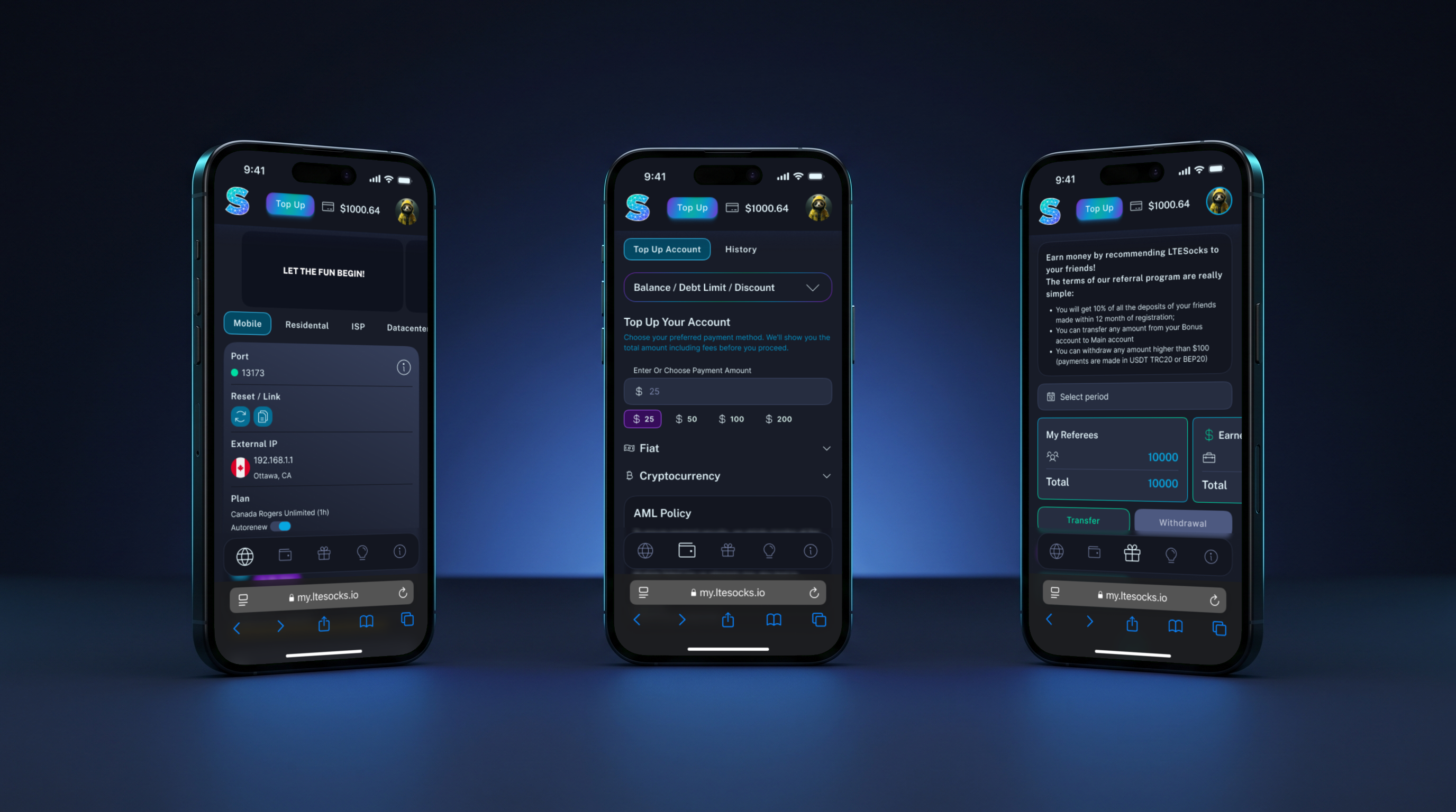 Three phones with the mobile version of the LTE Socks portal: a proxy card, account top-up and the referral program; navigation at the bottom of the screen