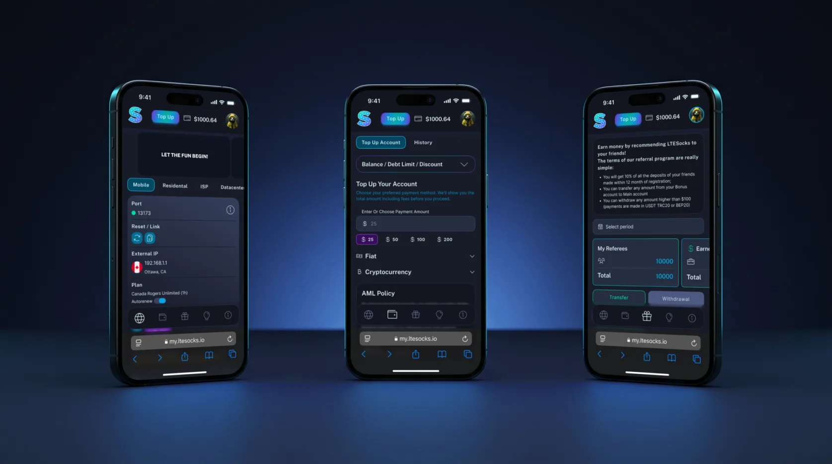 Three phones with the mobile version of the LTE Socks portal: a proxy card, account top-up and the referral program; navigation at the bottom of the screen