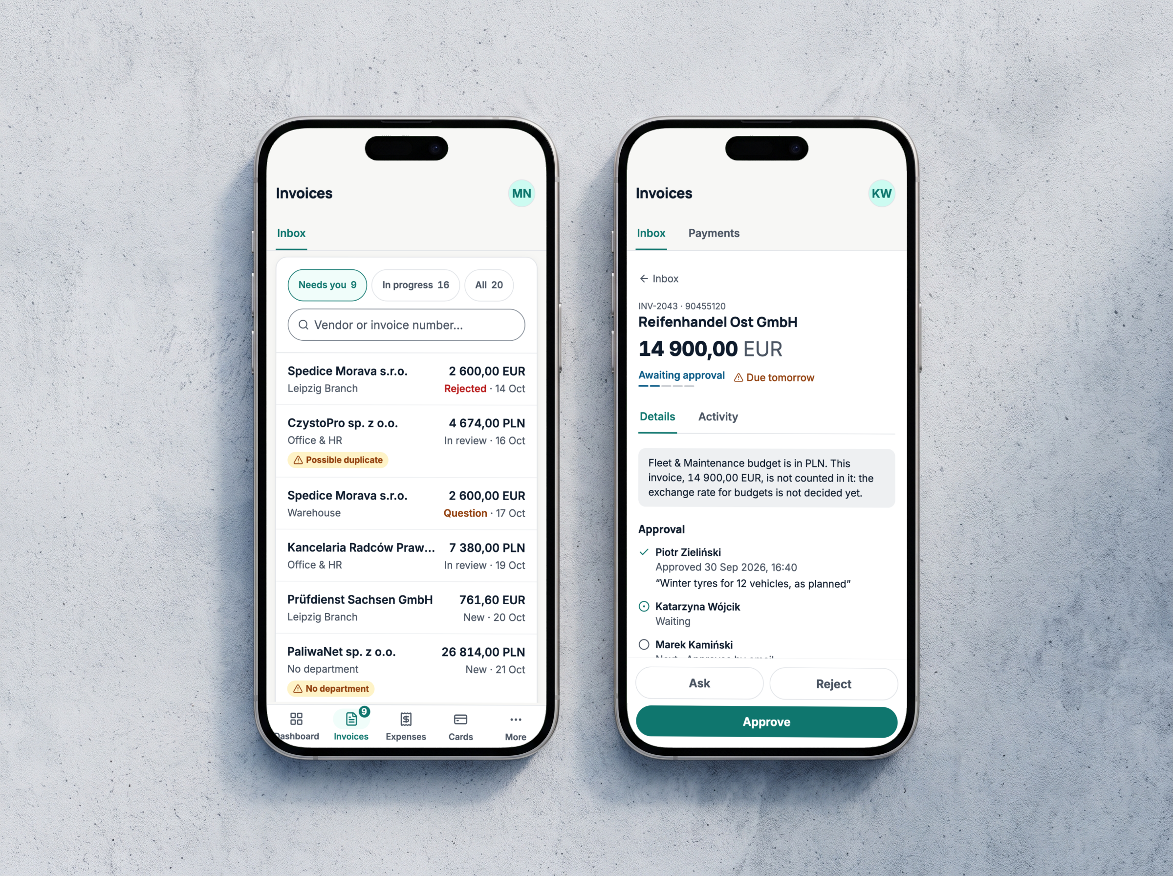 Two phones on concrete: the Payvane invoice inbox with the section bar at the bottom, and an invoice awaiting approval with Ask, Reject and Approve