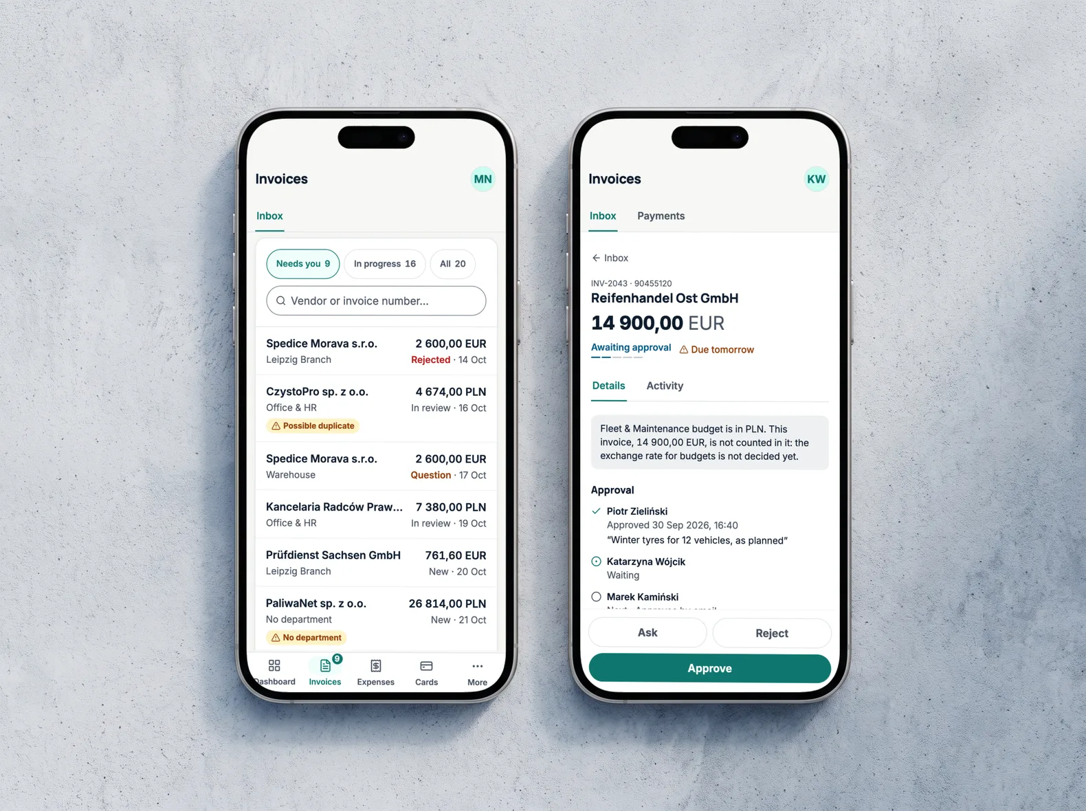 Two phones on concrete: the Payvane invoice inbox with the section bar at the bottom, and an invoice awaiting approval with Ask, Reject and Approve