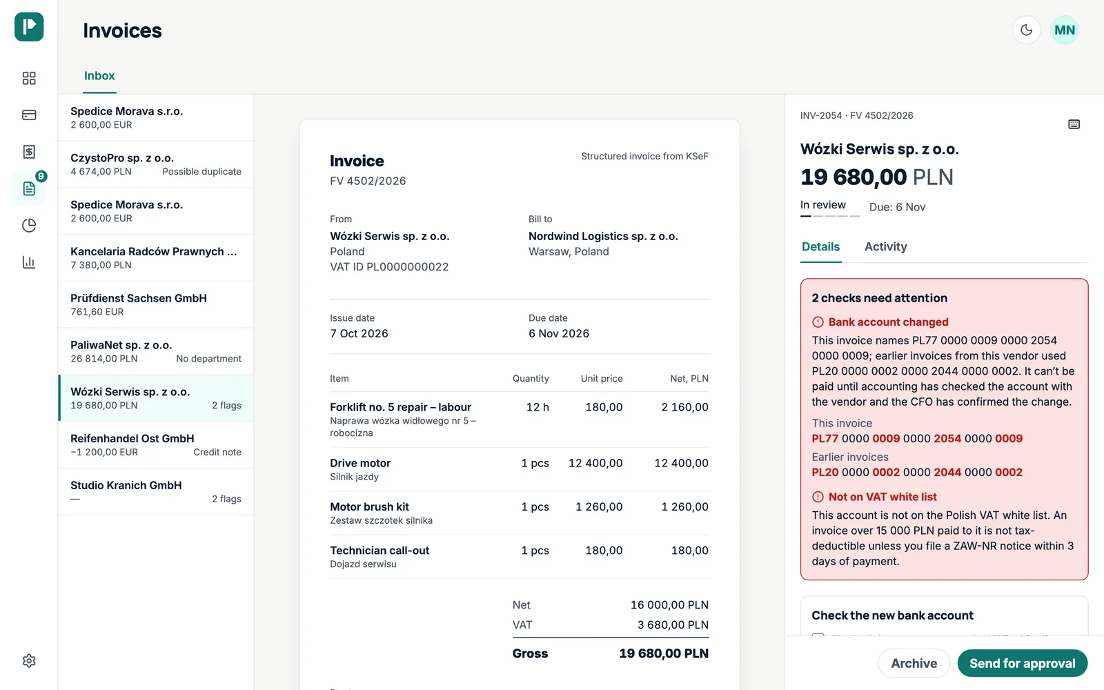 An invoice in Payvane: the document on the left, two checks on the right — a changed bank account with highlighted digits, and an account missing from the VAT white list