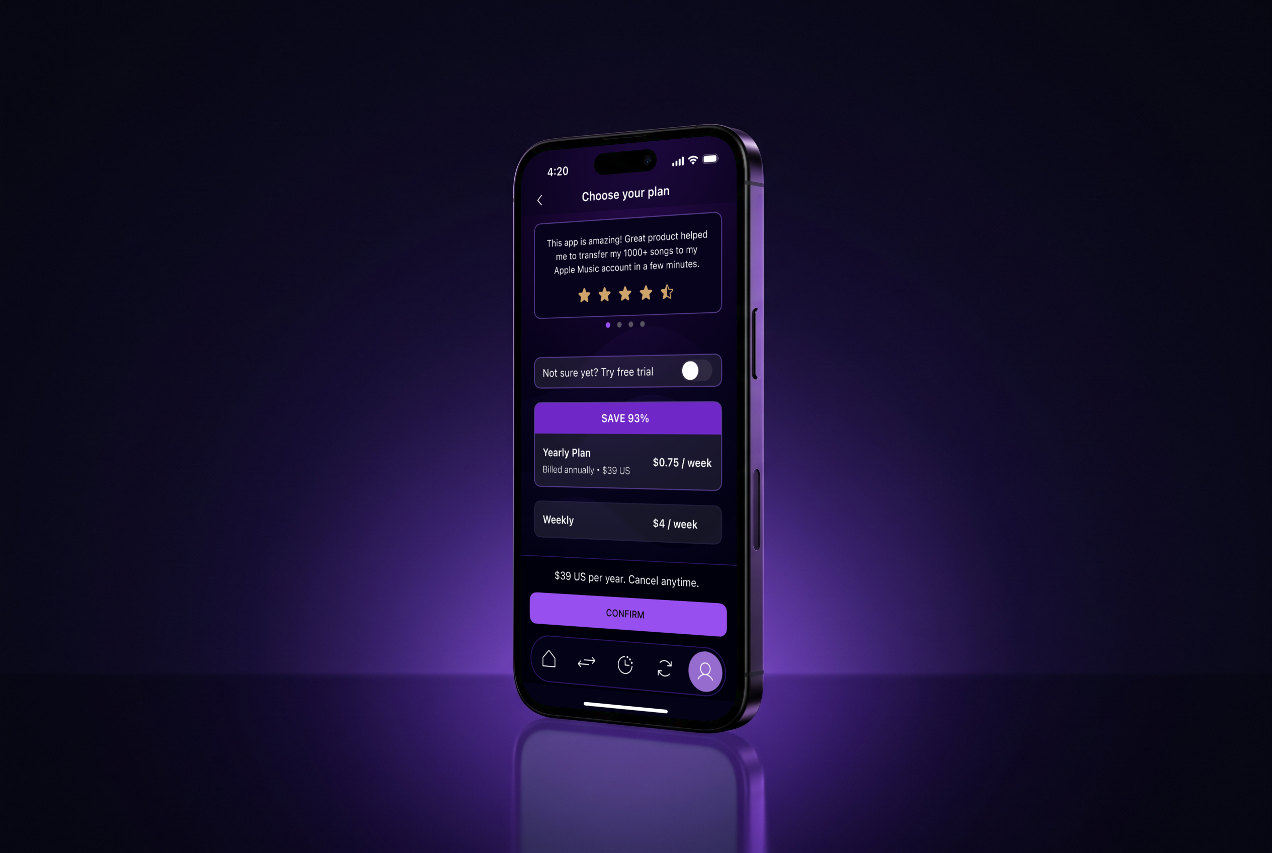 Phone on dark glass with the MusConv plan screen: yearly at $0.75 a week, weekly at $4, a free trial switch and the “Confirm” button
