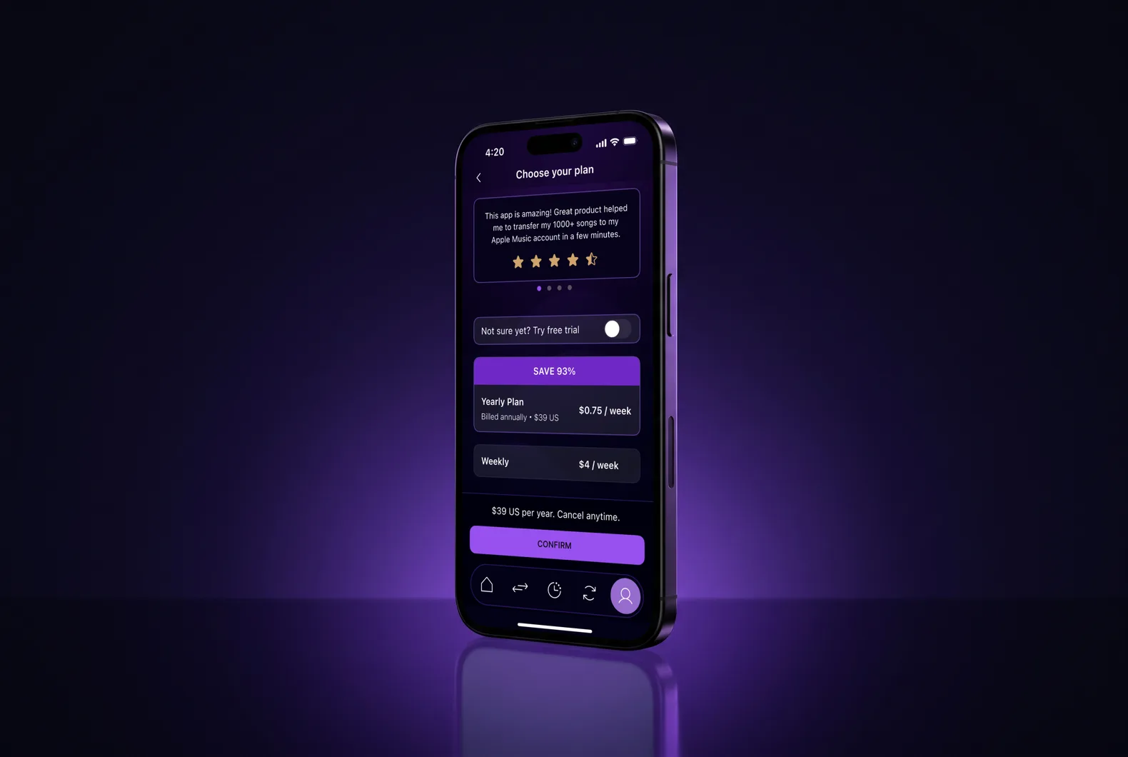 Phone on dark glass with the MusConv plan screen: yearly at $0.75 a week, weekly at $4, a free trial switch and the “Confirm” button