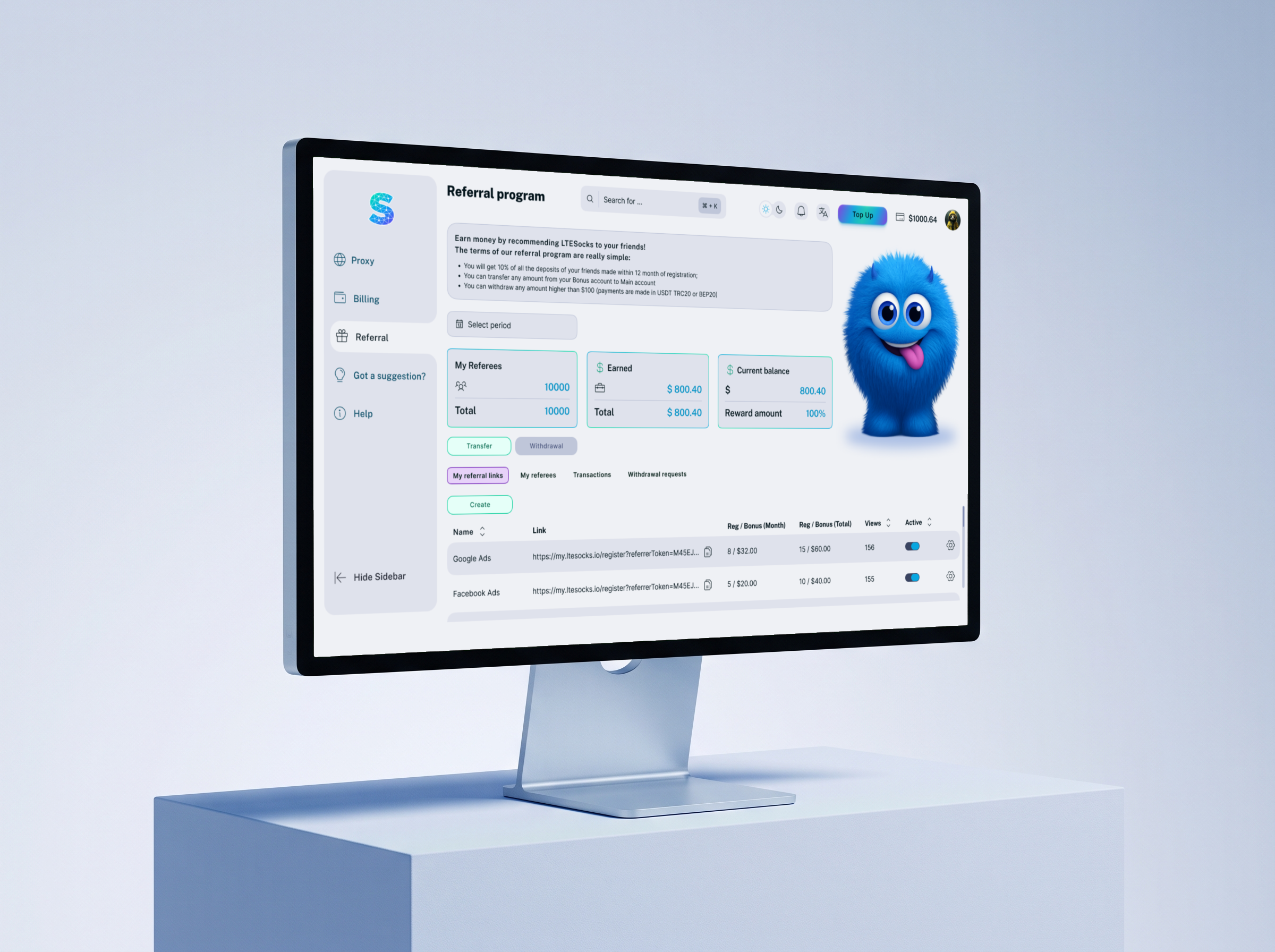 Monitor on a pale block with the LTE Socks referral program in the light theme: three counters and a table of referral links