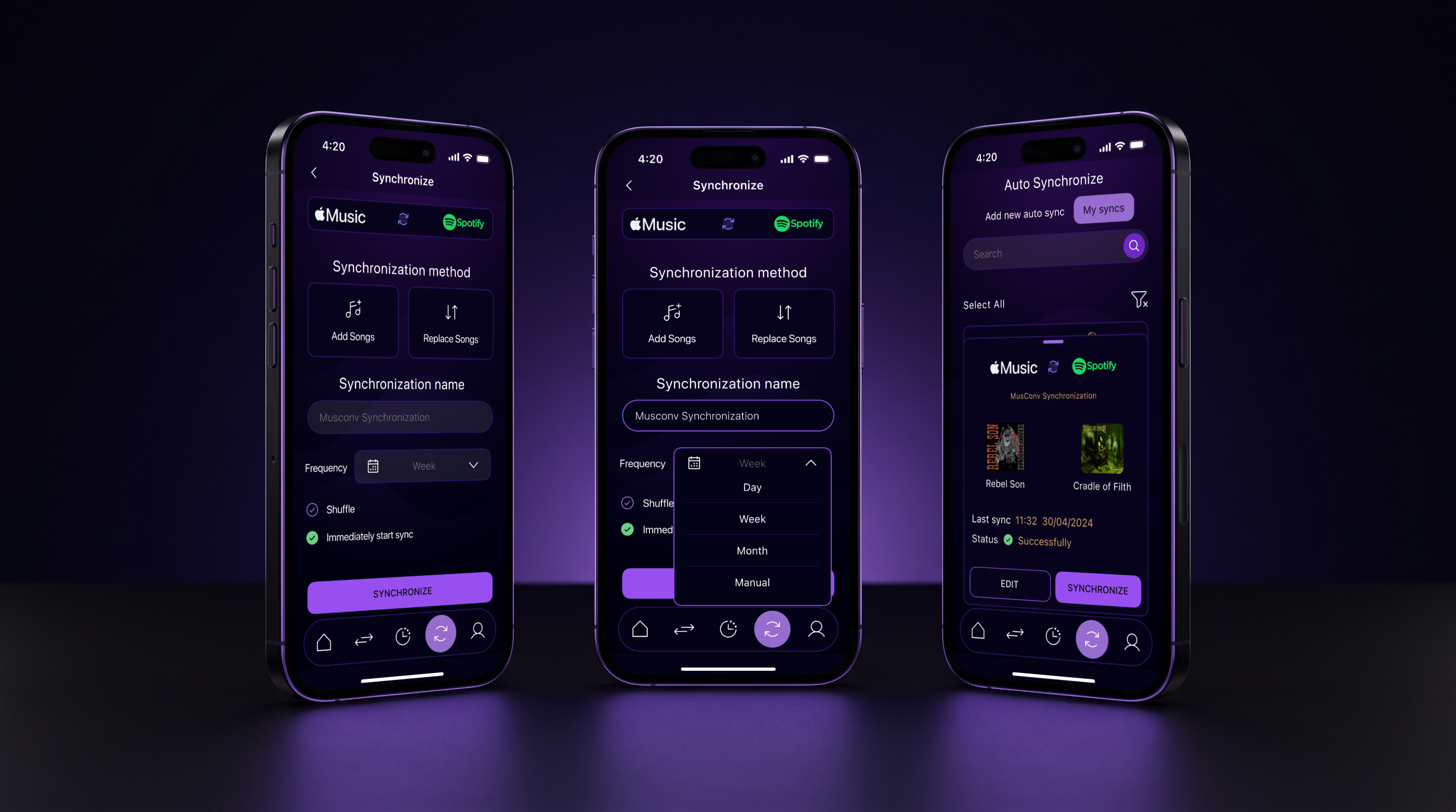 Three phones with MusConv auto sync screens: choosing the method, the frequency list “day, week, month, manual”, and a finished sync with its status