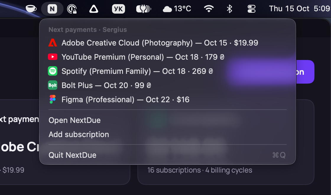 The NextDue menu in the macOS menu bar: the next five payments with logos, dates and amounts