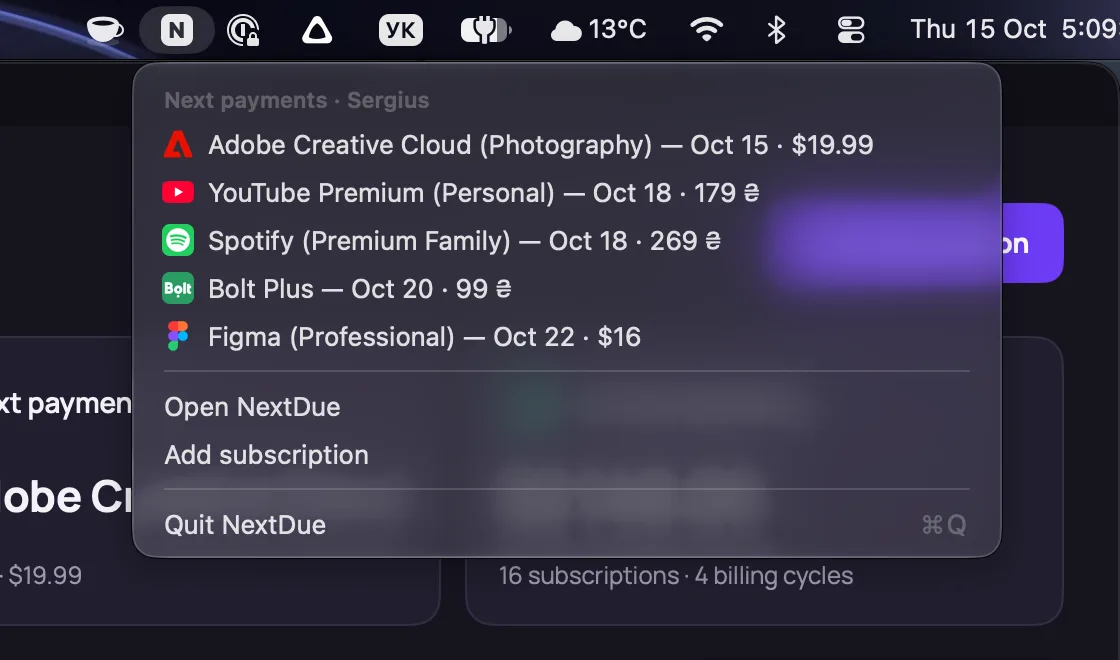 The NextDue menu in the macOS menu bar: the next five payments with logos, dates and amounts