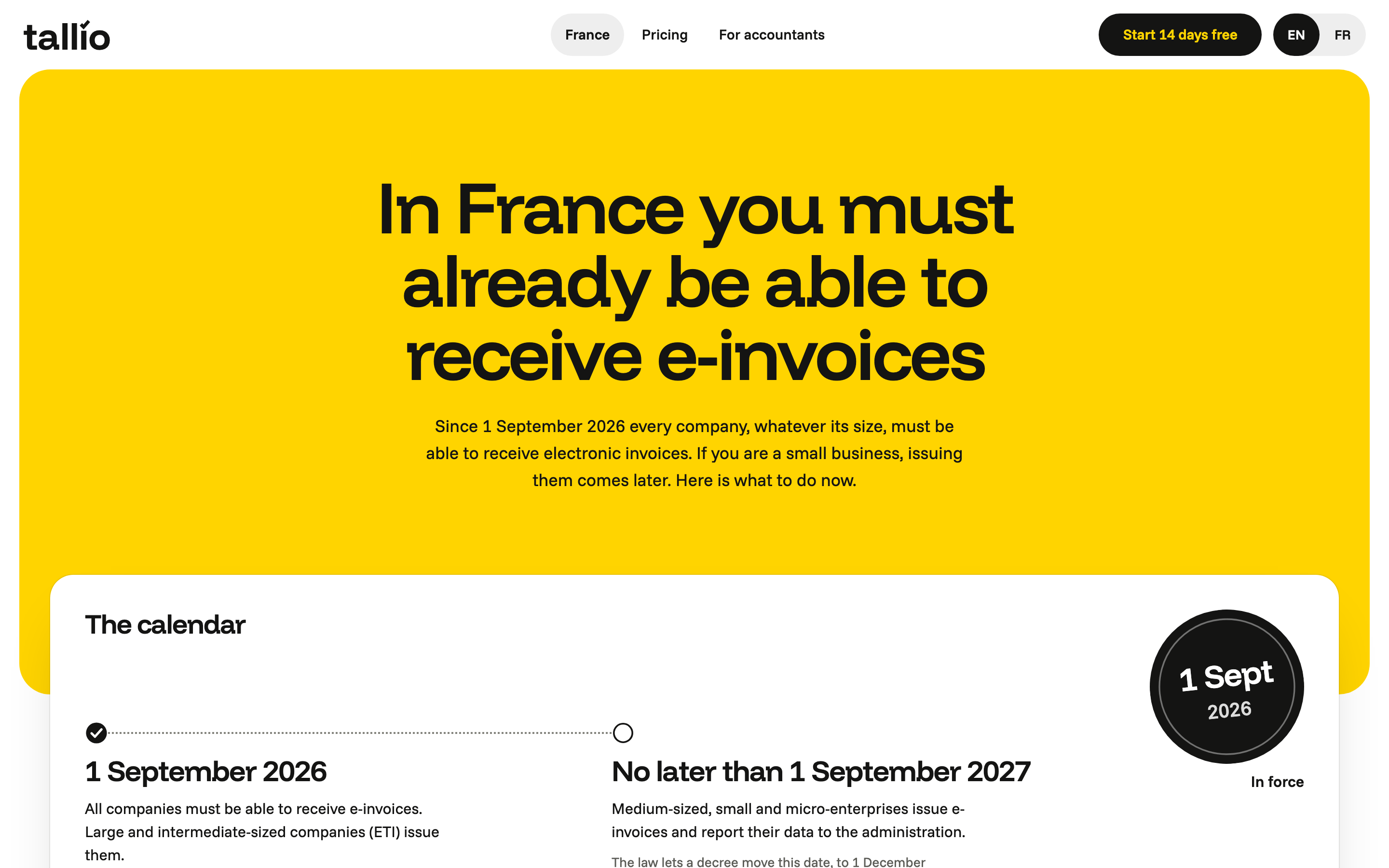 The Tallio site page for France: a yellow first screen and the calendar of the new e-invoicing rules