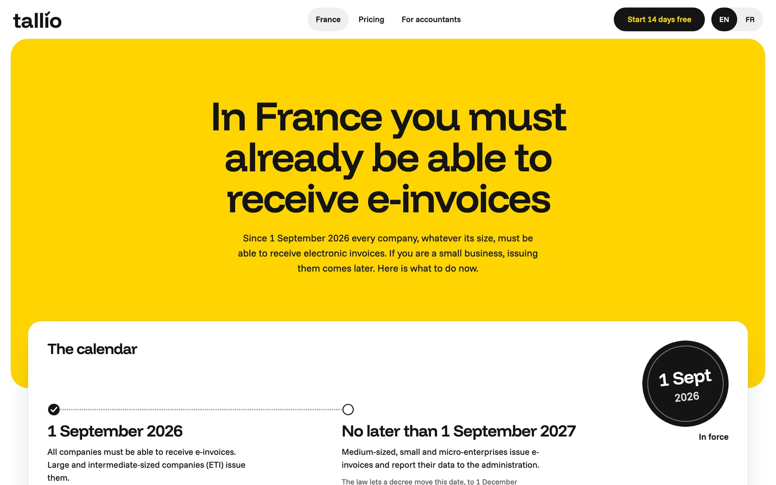 The Tallio site page for France: a yellow first screen and the calendar of the new e-invoicing rules