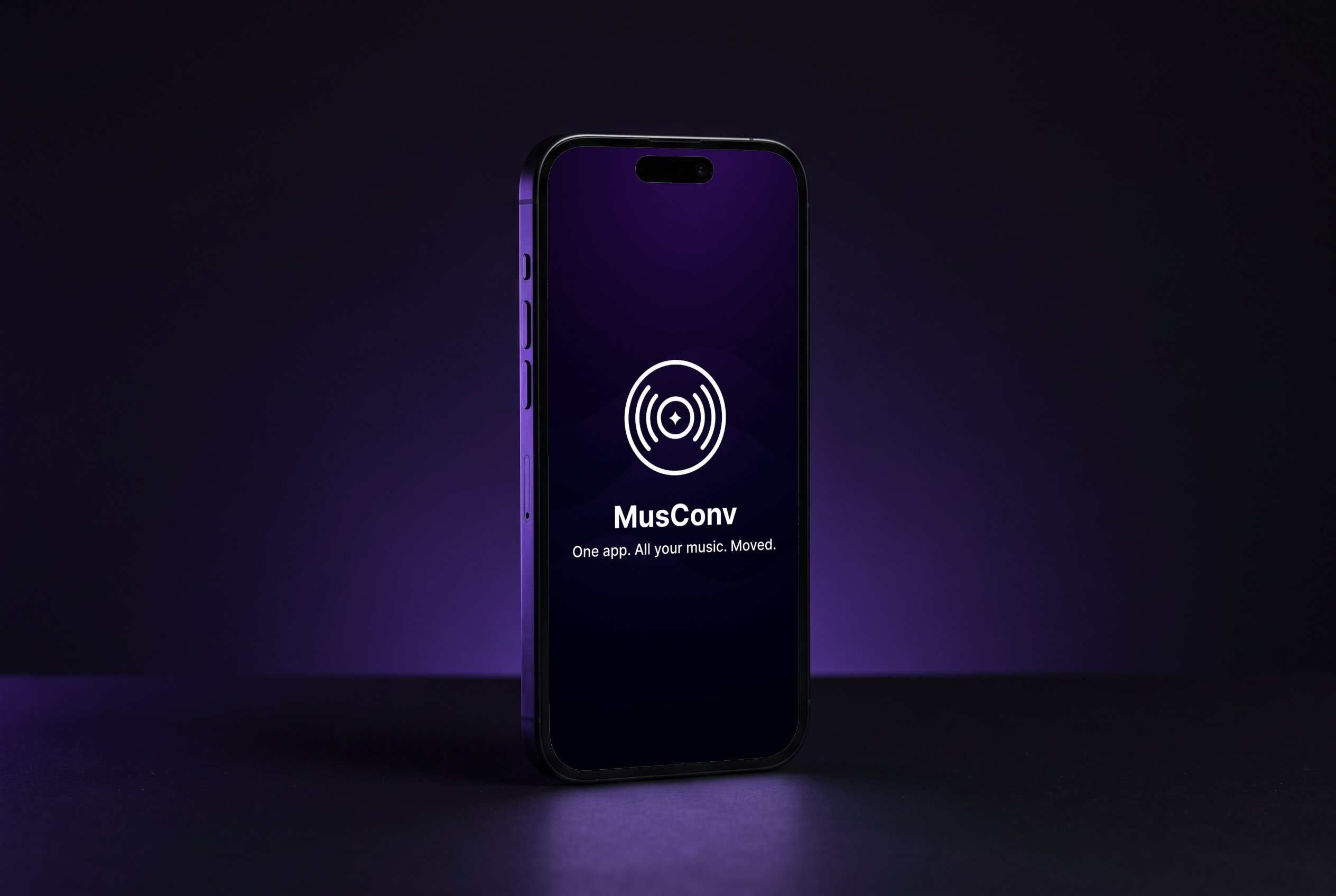 Phone against a dark backdrop with violet light, showing the MusConv splash screen: the logo and the line “One app. All your music. Moved.”