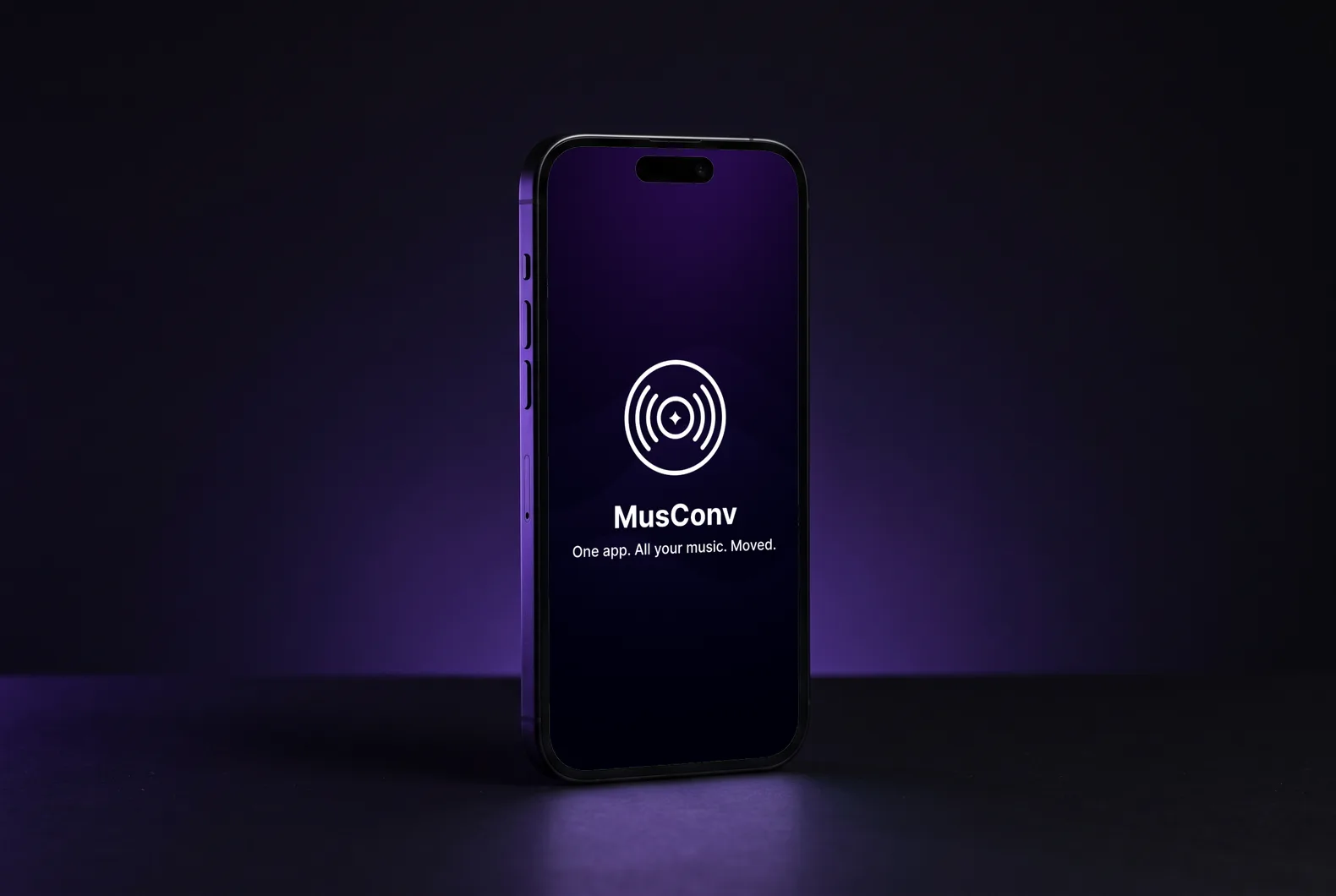 Phone against a dark backdrop with violet light, showing the MusConv splash screen: the logo and the line “One app. All your music. Moved.”