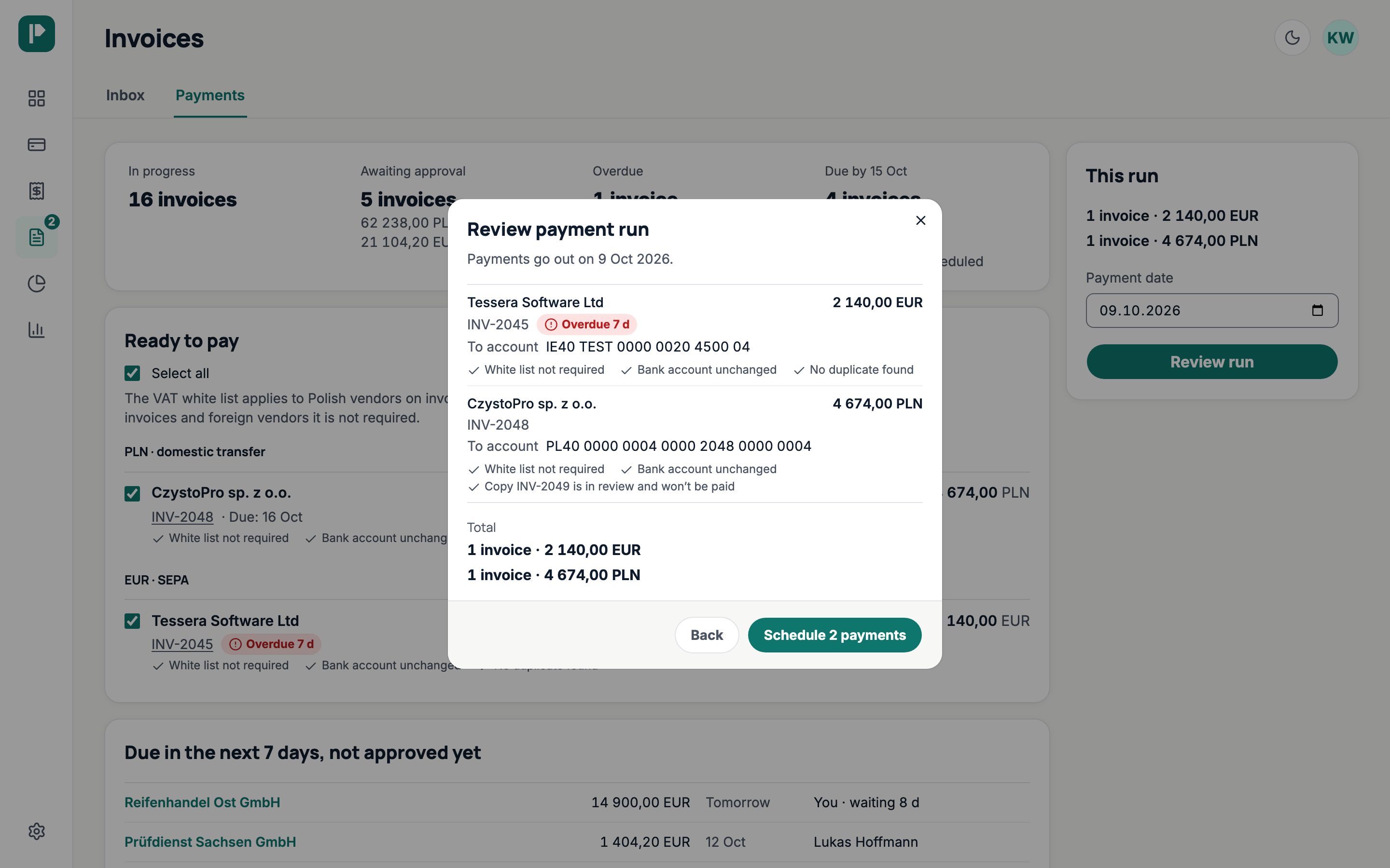 A payment run in Payvane: approved invoices in one window before the payment is scheduled