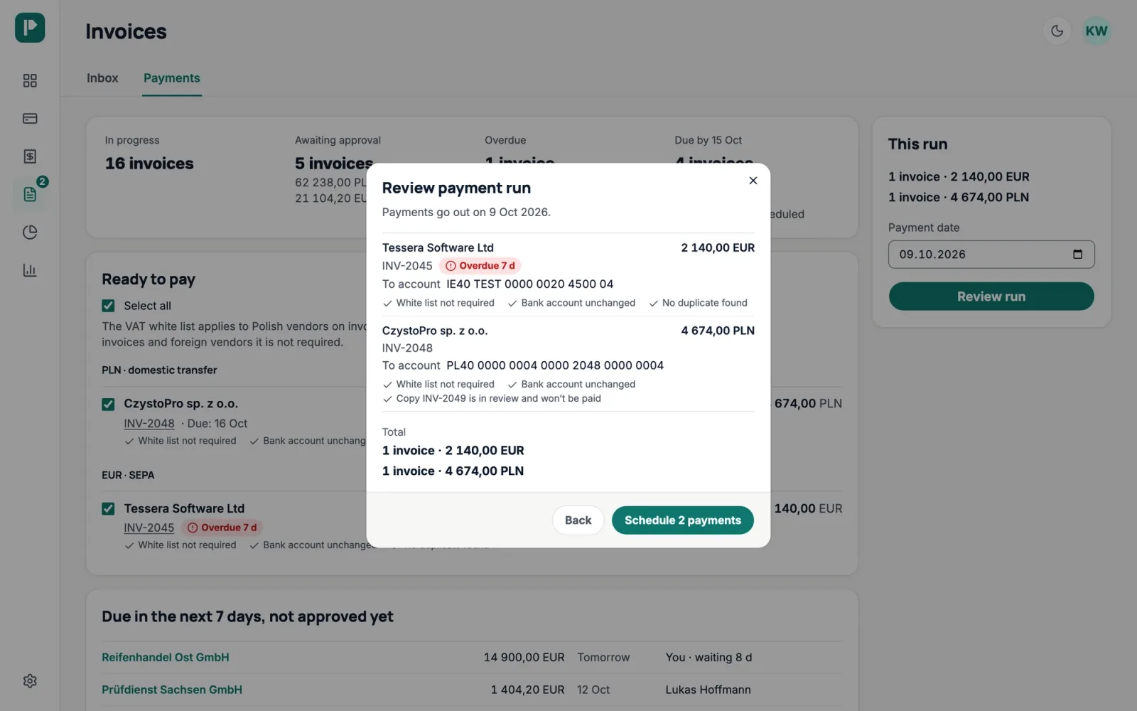 A payment run in Payvane: approved invoices in one window before the payment is scheduled