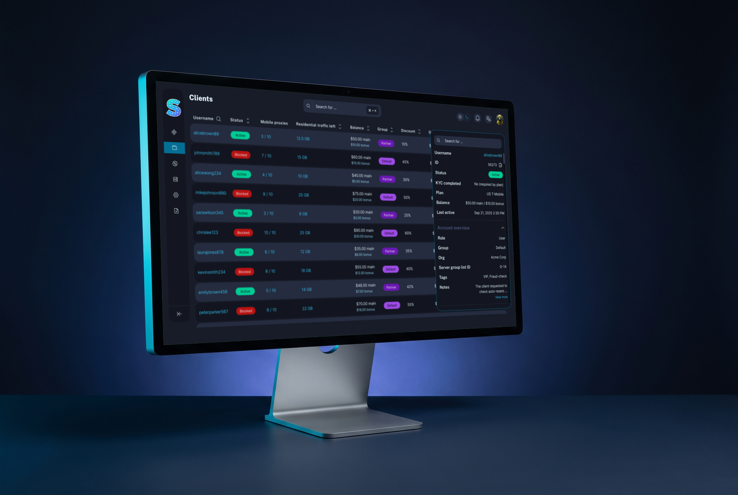 Monitor on a dark desk with the LTE Socks admin platform: a client table with status, proxies, traffic and balance, and one client’s card on the right