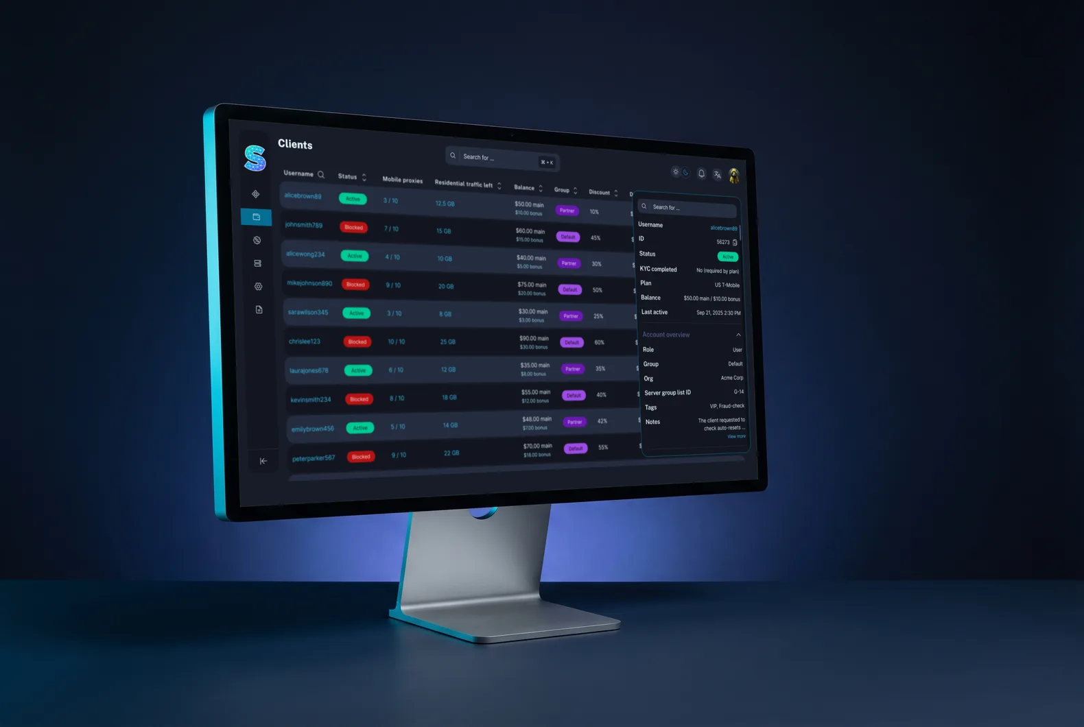 Monitor on a dark desk with the LTE Socks admin platform: a client table with status, proxies, traffic and balance, and one client’s card on the right