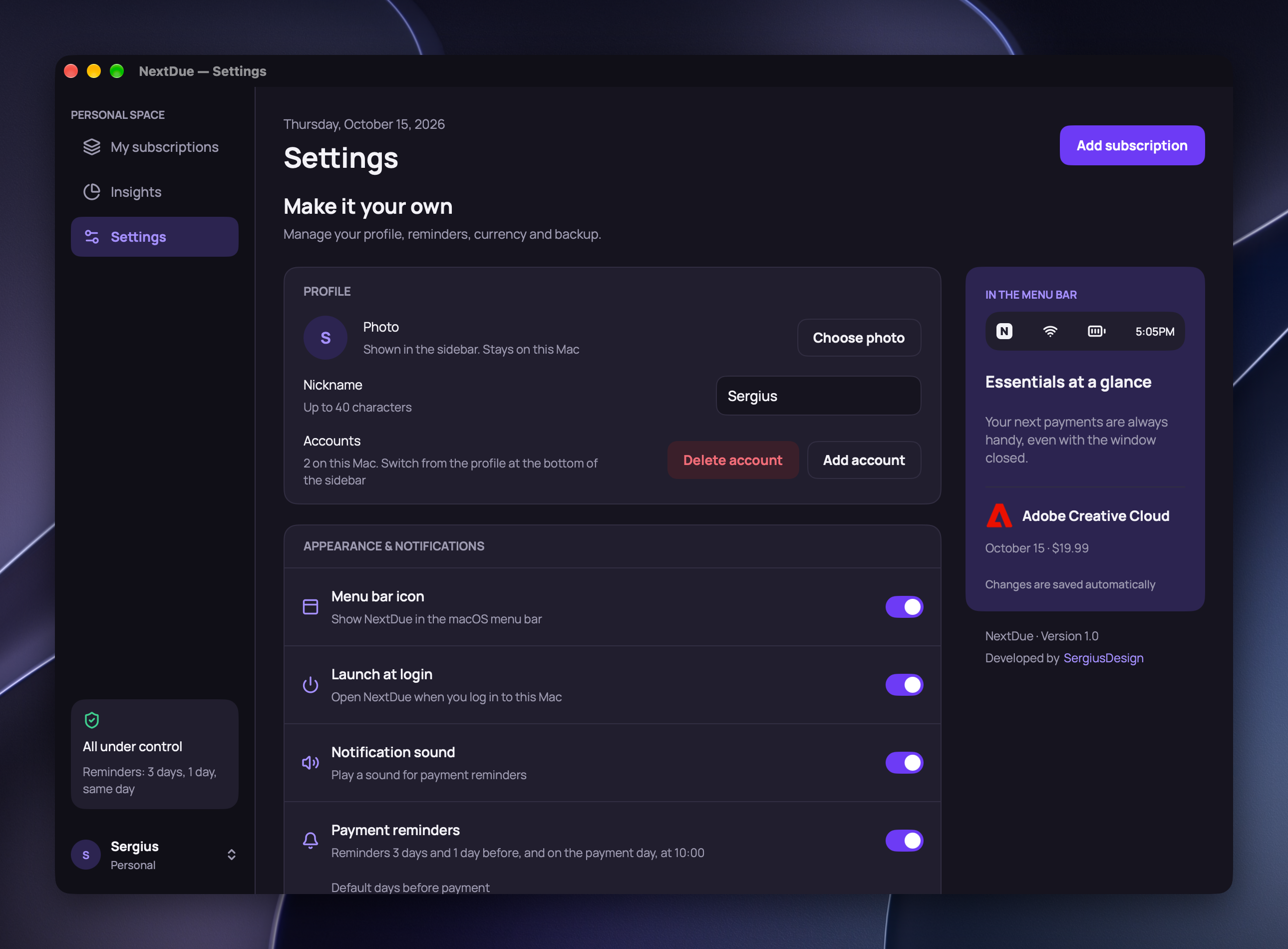 NextDue settings: profile and accounts, menu bar icon, launch at login, reminders