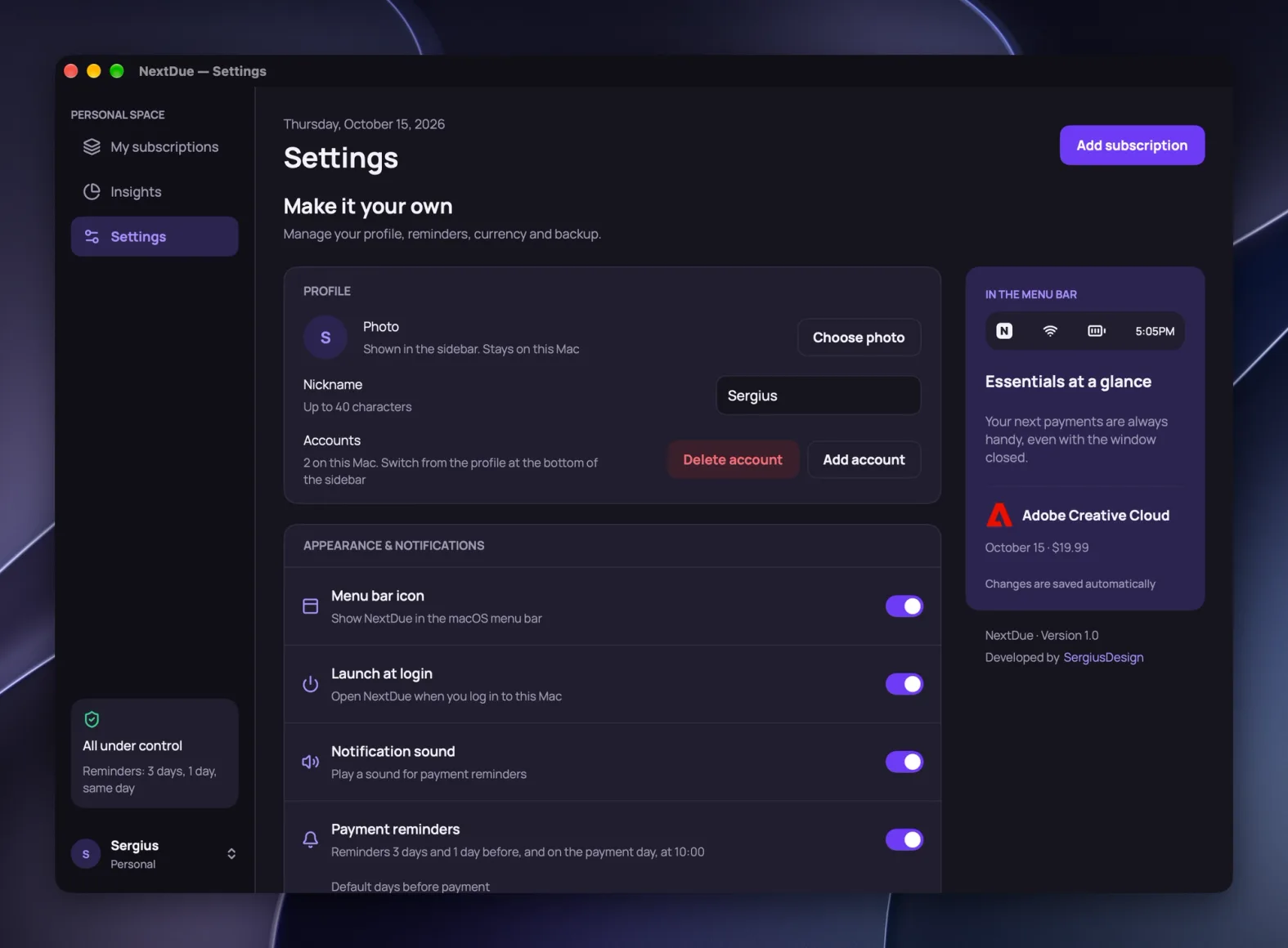 NextDue settings: profile and accounts, menu bar icon, launch at login, reminders
