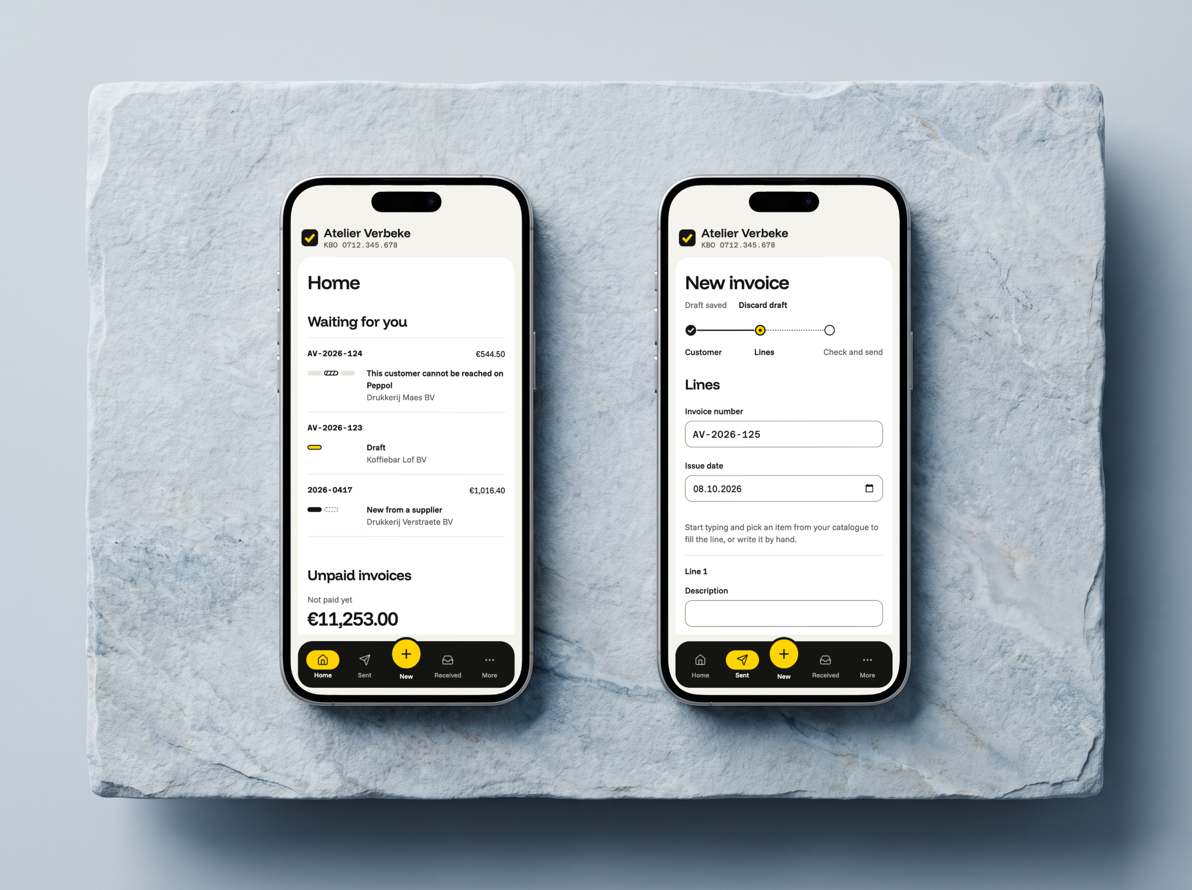 Two phones on stone: the Tallio mobile portal home and a new invoice at the Lines step; at the bottom, a bar with a yellow New button